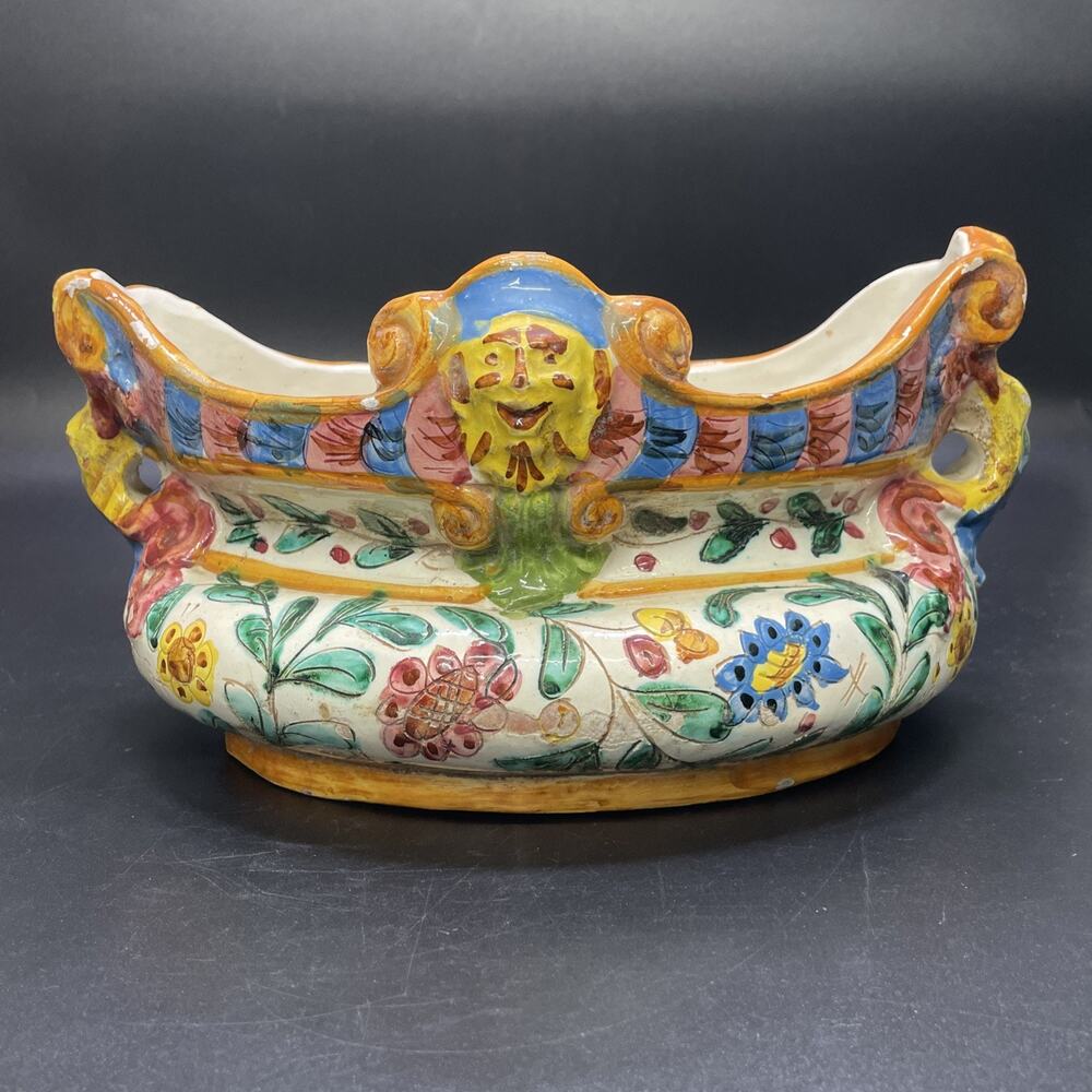 Vtg Italian Majolica Cellini Jardiniere Cachepot Hand Painted Floral Planter